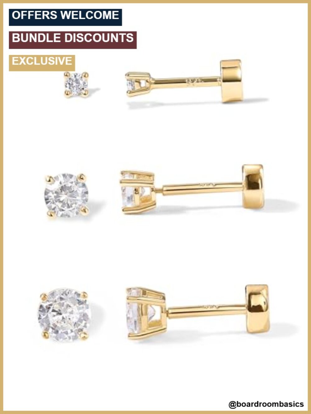 CZ Stud Earrings 14K Gold Plated Dainty Flat Back Screw Back Hypoallergenic